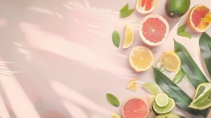 Wall Mural - Fresh citrus and leaves on a pastel background