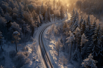 Wall Mural - A snowy road with trees in the background