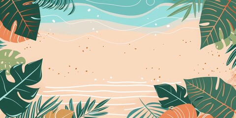 Abstract summer background with beach, sea and tropical leaves vector illustration design template for a banner or poster with copy space. abstract background with summer elements.