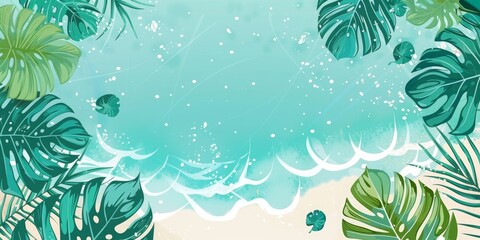 Abstract summer background with beach, sea and tropical leaves vector illustration design template for a banner or poster with copy space. abstract background with summer elements.