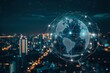 © SKIMP Art - A digital globe with global network connections and a cityscape background, representing the concept of connectivity in business Generative AI