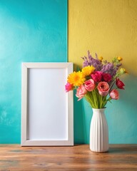 Sticker - Blank frame with colorful flowers on wooden table