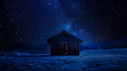 Wall Mural - A wooden cabin sits in the middle of a snowy field under a night sky filled with stars. The scene evokes a sense of isolation and tranquility in the cold winter night.