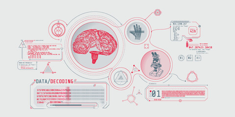 Wall Mural - brain research futuristic interface screen with data decoding.