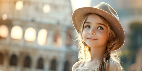 Wall Mural - A young girl wearing a hat poses in front of the Colosseum. Concept Travel Photography, Portrait, Architecture, Colosseum, Italy