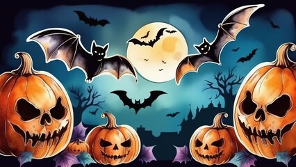 Wall Mural - carved pumpkins with an evil face and black bats in the dark on Halloween night, watercolor pumpkin and Halloween bats