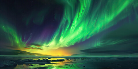 Wall Mural - The Northern Lights dance across the Arctic sky, painting the horizon in shades of green and purple