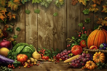 Experience the richness of autumn with this vibrant still life featuring a variety of freshly harvested fruits and vegetables arranged on a rustic wooden surface.