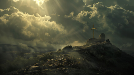 Wall Mural - A painting depicting a cross standing atop a hill, symbolizing the death and resurrection of Jesus Christ.