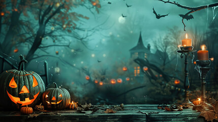 Wall Mural - carved pumpkins with an evil face, bats and a gloomy castle in the dark on Halloween night, watercolor pumpkin, castle, bats on a dark gloomy background, Halloween banner with space for text