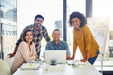 Poster - Meeting, portrait and planning coworking on laptop with web design project or teamwork chat. People, research and brainstorming website with happiness, support and creative collaboration in office