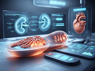  futuristic medical research or kidney health care with diagnosis and vitals infographic biometrics for clinical and hospital kidney dialysis or kidney stone disease ultrasound as wide banner design. 