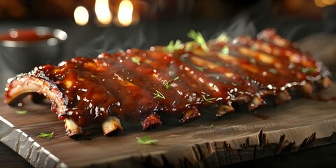 Wall Mural - Tasty Kansas City-Style Barbecue Ribs with Succulent Meat and Sweet Sauce. Concept Barbecue Recipes, Kansas City Style, Succulent Meat, Sweet BBQ Sauce, Tasty Ribs