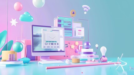 Wall Mural - Colorful futuristic digital workspace with abstract tech elements