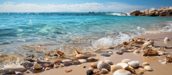 Canvas Print - Seashells and sand on the beach with turquoise water. Seashells on the Beach