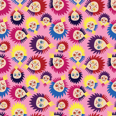 Wall Mural - Pink pattern with colorful cartoon faces. Halloween pattern with demons