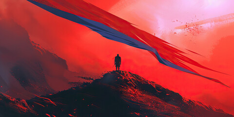 Wall Mural - Red Dawn of Change - Illuminated by crimson rays, a lone figure stands atop a hill, a banner of red, white, and blue fluttering in the wind.