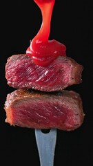 Wall Mural - A chef puts tomato sauce on pieces of steak that are turning on a fork against a black background. Close-up of food