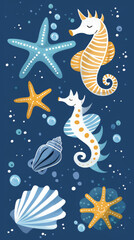 A blue and white background with a variety of sea creatures including a starfish