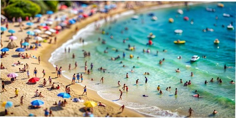 Miniature people relaxing by the pool, sea, vacation rest blue ocean fun toy world. wallpaper