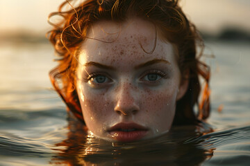 Wall Mural - Close up Portrait of a redheaded woman partly submerged in water at sunset