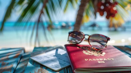 Wall Mural - A boarding pass, and sunglasses arranged on a table with a tropical beach background