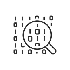 Analyse and decipher a code, linear icon. Digital code and magnifier. Line with editable stroke