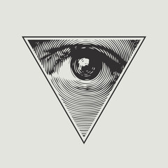 Wall Mural - The eye of Providence in a triangular pyramid. Monochrome icon of the Masonic sign of the All-Seeing Eye of God on white background. Vector banner in vintage style