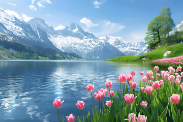 Wall Mural - lake in the mountains in summer with tulip flowers garden, seamless Animation video background in 4K Resolution