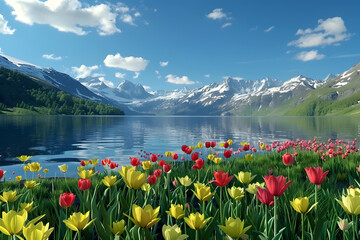Wall Mural - lake in the mountains in summer with tulip flowers garden, seamless Animation video background in 4K Resolution