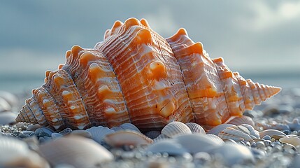 Poster -   A cluster of seashells resting on a seashore beside an expanse of water with a hazy sky overhead