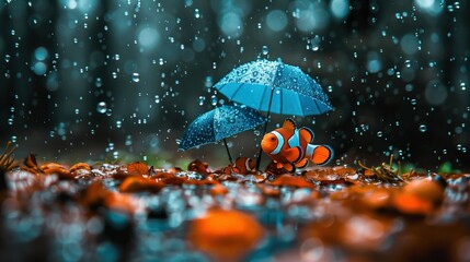 Sticker -   An orange clownfish under an umbrella in the rain