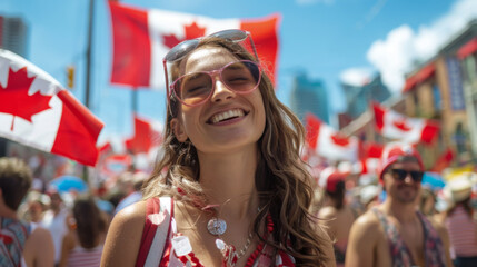 A cheerful young woman in sunglasses enjoys the Canada Day parade with flags waving in the background.