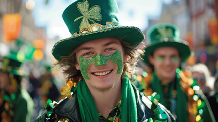 A cheerful young man wearing green and a festive hat, celebrating Saint Patrick's Day on the street.