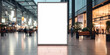 © BOTAHRY DEX - Mock up. Vertical advertising billboard, lightbox with empty digital screen on railway station. Blank white poster advertising, public information board stands at station in front of people and train