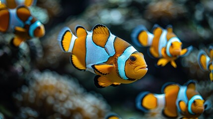 Wall Mural -   A cluster of clownfish swimming together amidst an orange and blue sea anemone habitat