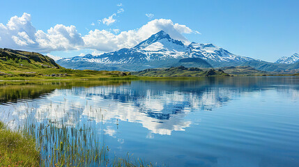   A mountain range is mirrored in the calm water of a lake, with tall grass in the foreground and a clear blue sky with clouds in the backdrop