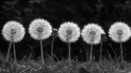 Poster -   A photo of four dandelions swaying in the wind amidst grass and tall trees in the background