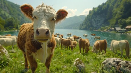 Poster -   A brown-and-white cow grazes serenely on a verdant field beside a lake teeming with cows