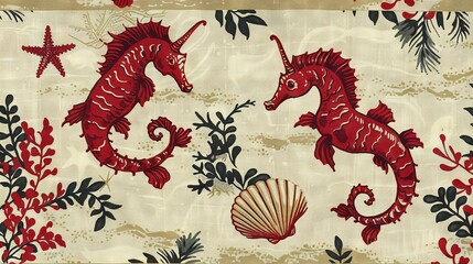 Poster -   Red seahorse, starfish, and red coral on a white background surrounded by seaweed