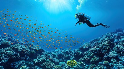 Wall Mural -   A scuba diver glides above a vibrant coral reef, surrounded by a mesmerizing school of fish