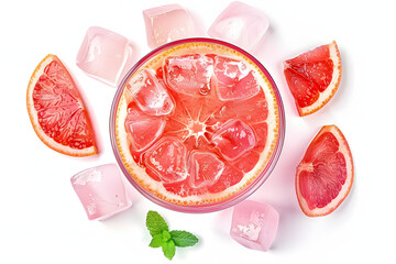 Wall Mural - Pink cocktail with vodka, grapefruit and ice, soft cocktail, refreshing summer drink, isolated on white, top view