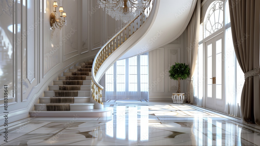 An elegant foyer with a grand staircase, a chandelier, and marble ...