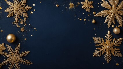 A blue Christmas background and gold snowflake is on a black surface with a gold snowflake and a gold snowflake.
