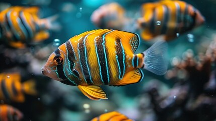 Wall Mural -   A school of vibrant yellow and blue fish glide gracefully through a spacious aquarium teeming with corals and minnows