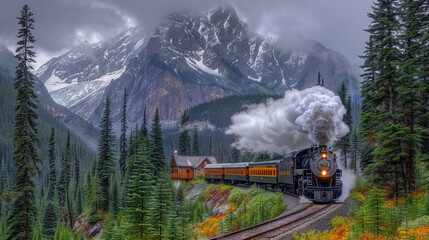 Wall Mural -   A lush green train travels under a cloud-covered snow-capped mountain through the forest