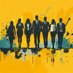 A group of business people in suits walking in a line against a yellow background.