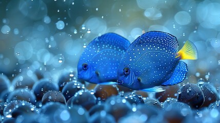   A pair of blue fish perched on a verdant sea with numerous tiny water bubbles