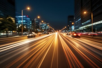 High speed urban traffic city highway at dawn, car headlights in motion blur light effect and long exposure