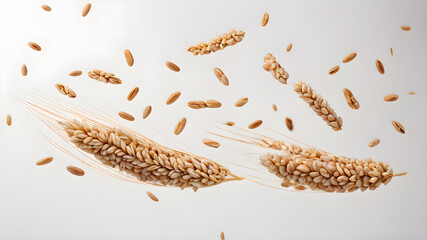 Flying grains wheat on white background, Generative AI